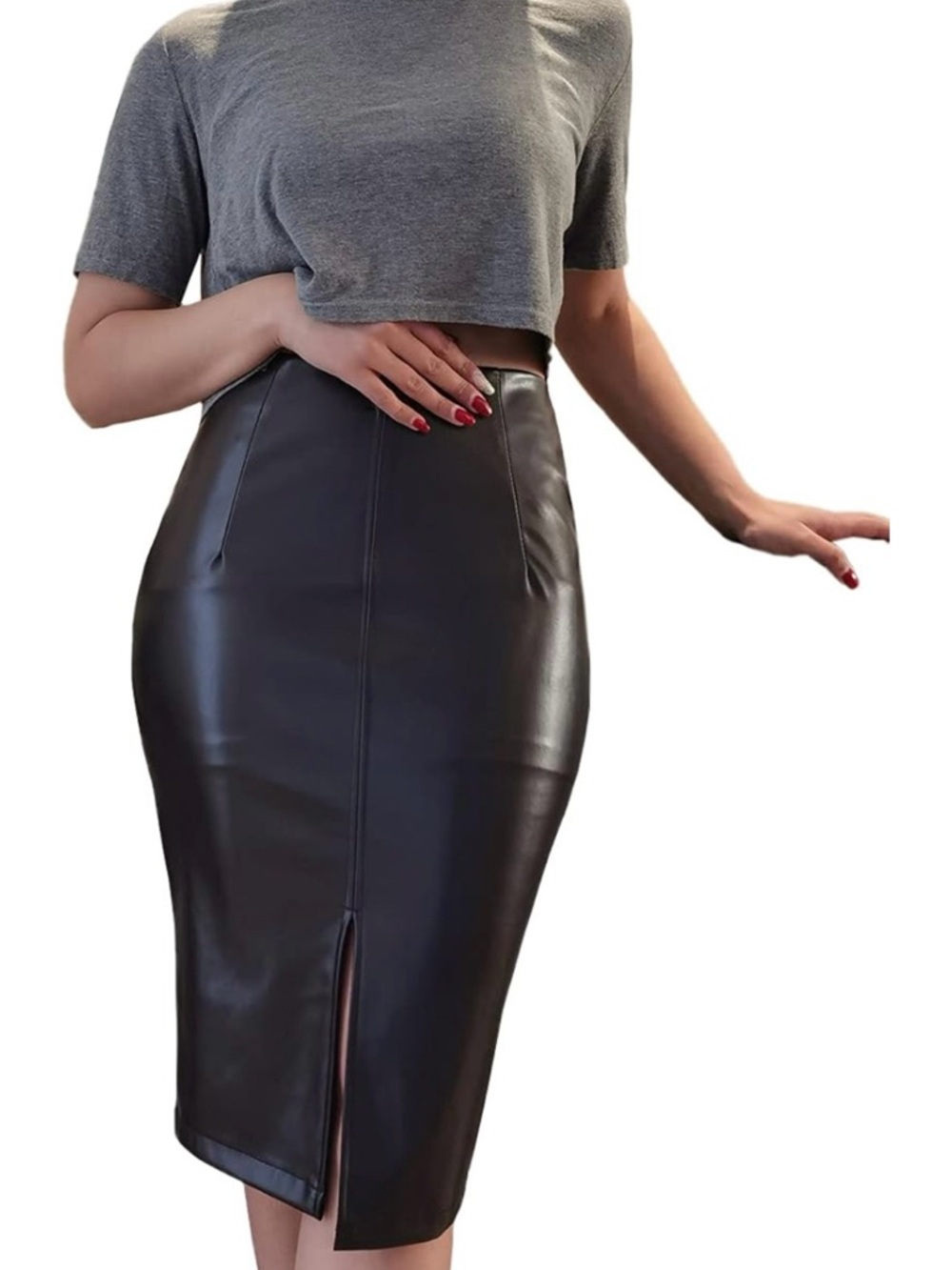 Faux Leather Pencil Skirt Size L Black High Waist Midi Slit NWT Stretch PU Skirt
